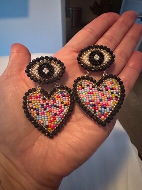 Betsey Johnson Multicolor Beaded Heart and Eye Dangle Earrings